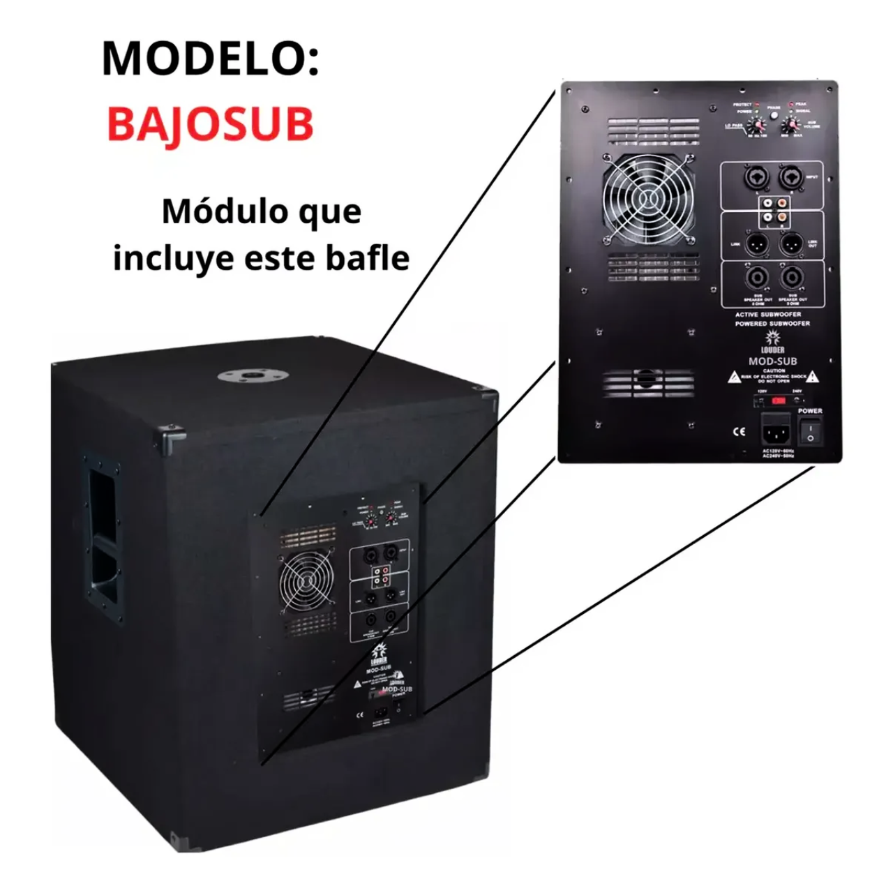 BAJOSUB Subwoofer bi amplificado con salida para pasivo, alta potencia