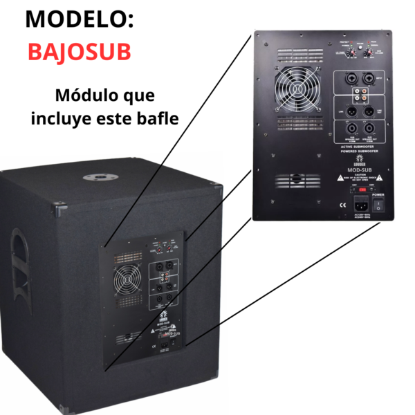 BAJOSUB Subwoofer biamplificado con salida para pasivo, alta potencia